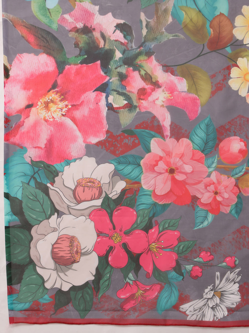Gray Polyester Digital Print Floral Saree with Unstitched Blouse