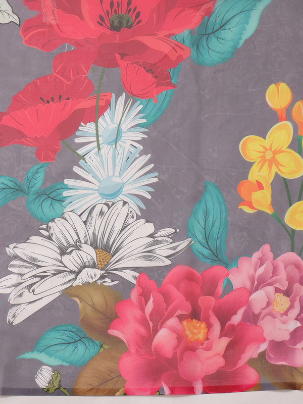 Gray Polyester Digital Print Floral Saree with Unstitched Blouse