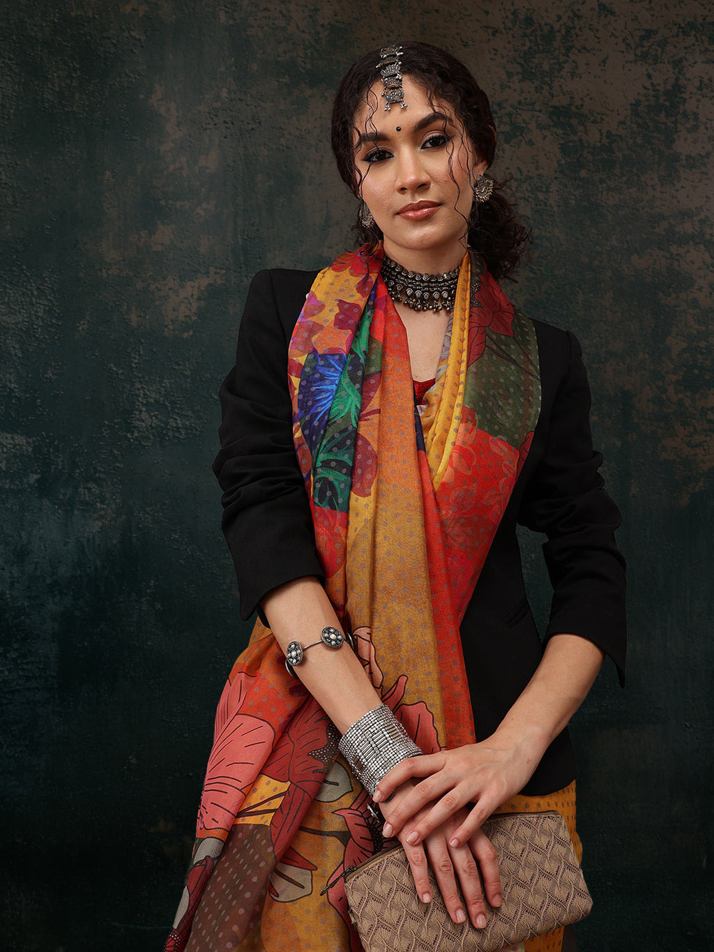 Mustard Polyester Digital Print Floral Saree with Unstitched Blouse - Hiral Fashion