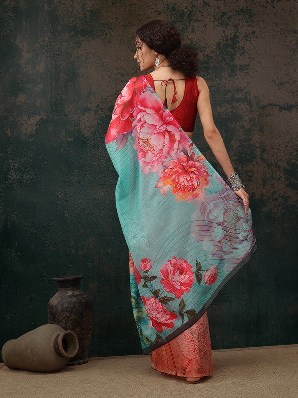 Multicolor Polyester Digital Print Floral Saree with Unstitched Blouse - Hiral Fashion