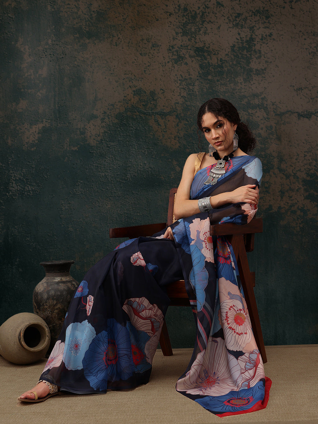 Navy Blue Floral Print Polyester Saree with Unstitched Blouse