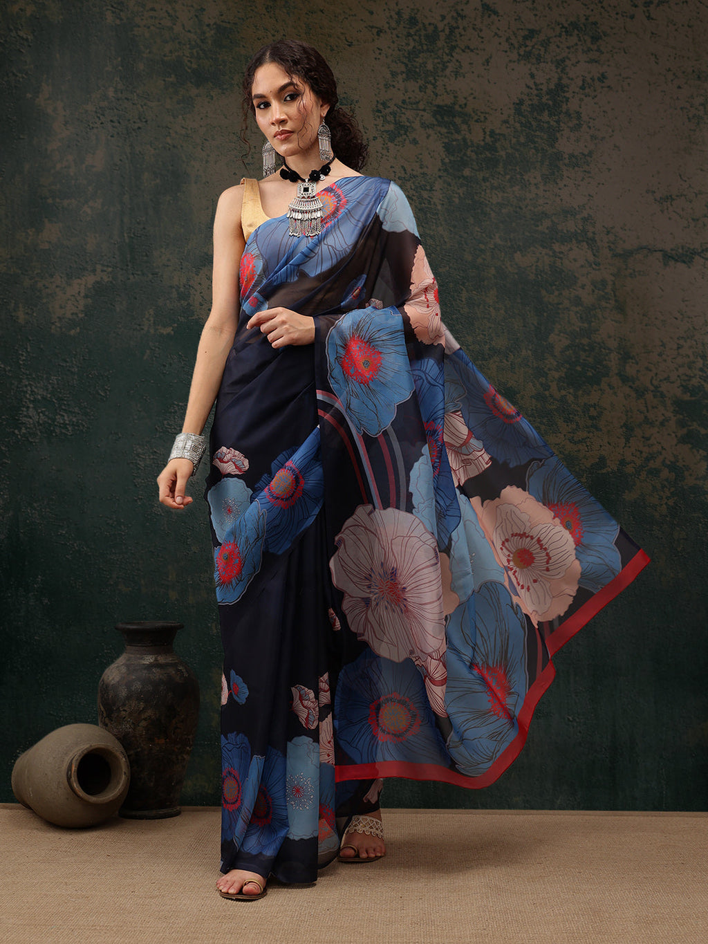 Navy Blue polyester saree with digital floral print and unstitched blouse