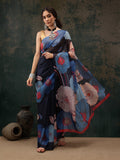 Navy Blue polyester saree with digital floral print and unstitched blouse