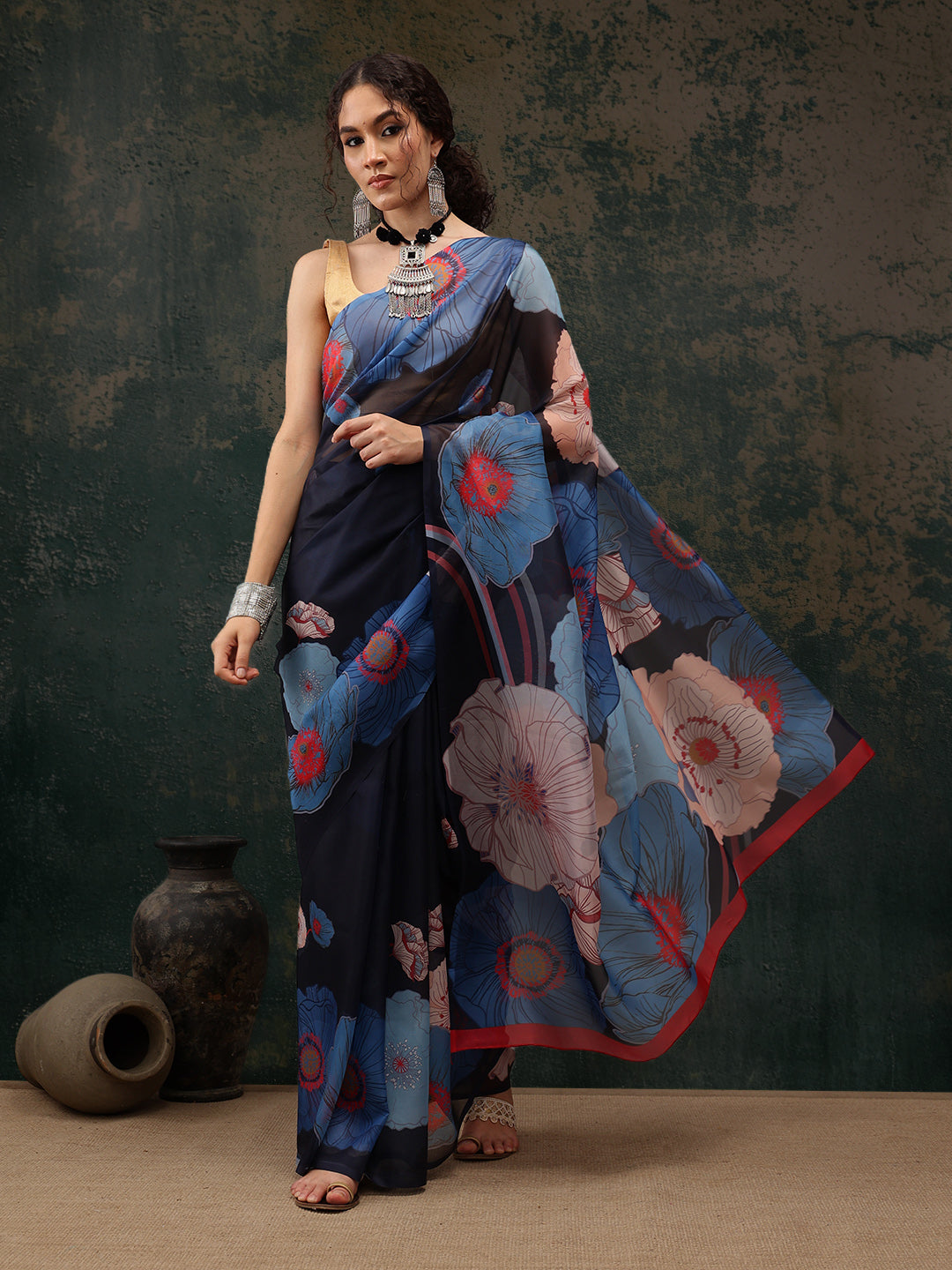 Navy Blue polyester saree with digital floral print and unstitched blouse
