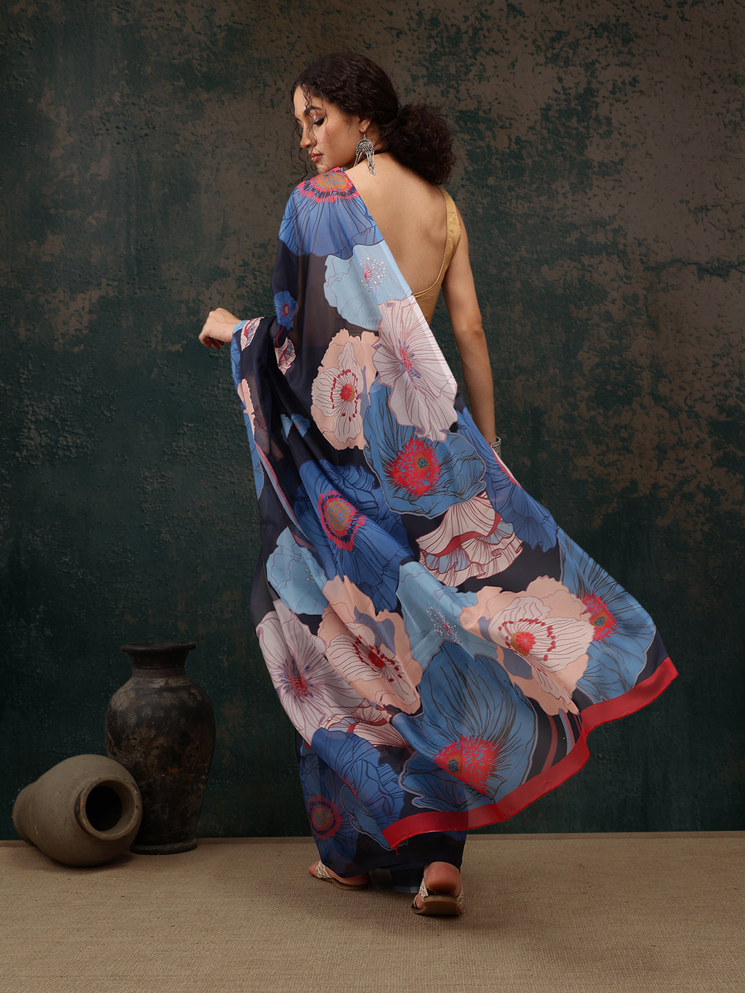 Navy Blue Floral Print Polyester Saree with Unstitched Blouse