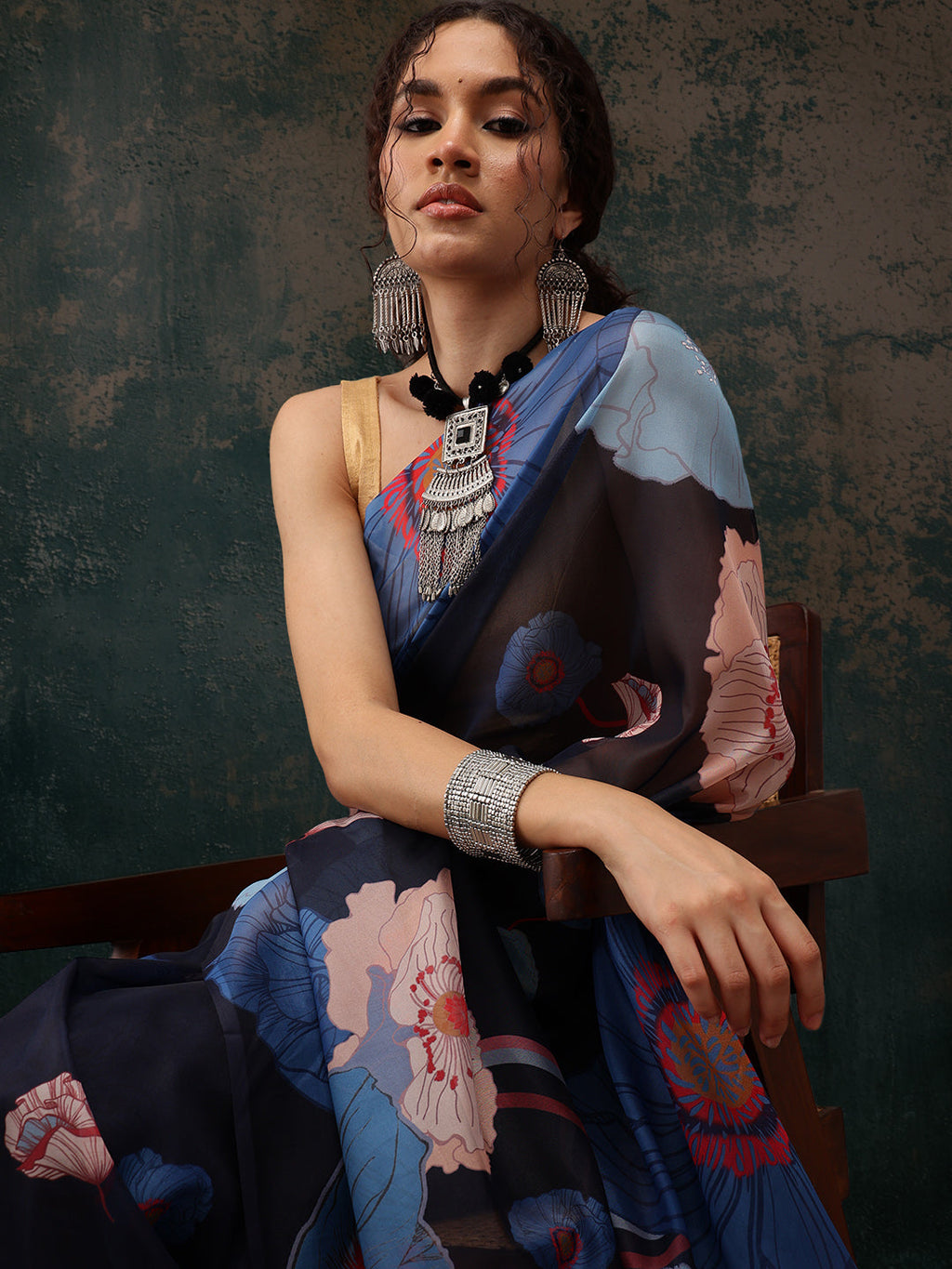 Navy Blue Floral Print Polyester Saree with Unstitched Blouse