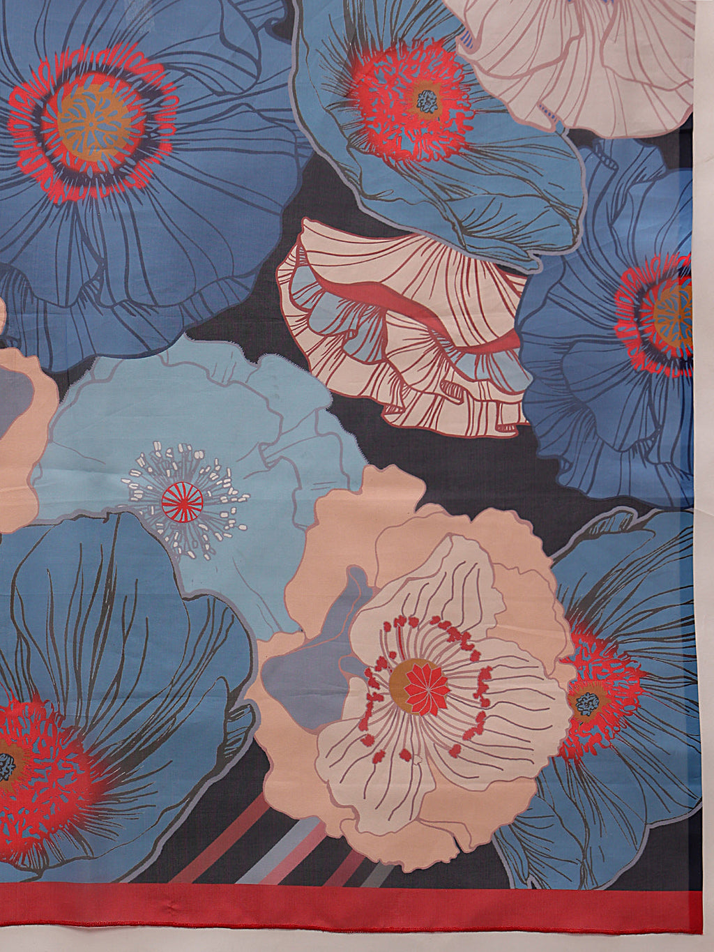 Navy Blue Floral Print Polyester Saree with Unstitched Blouse