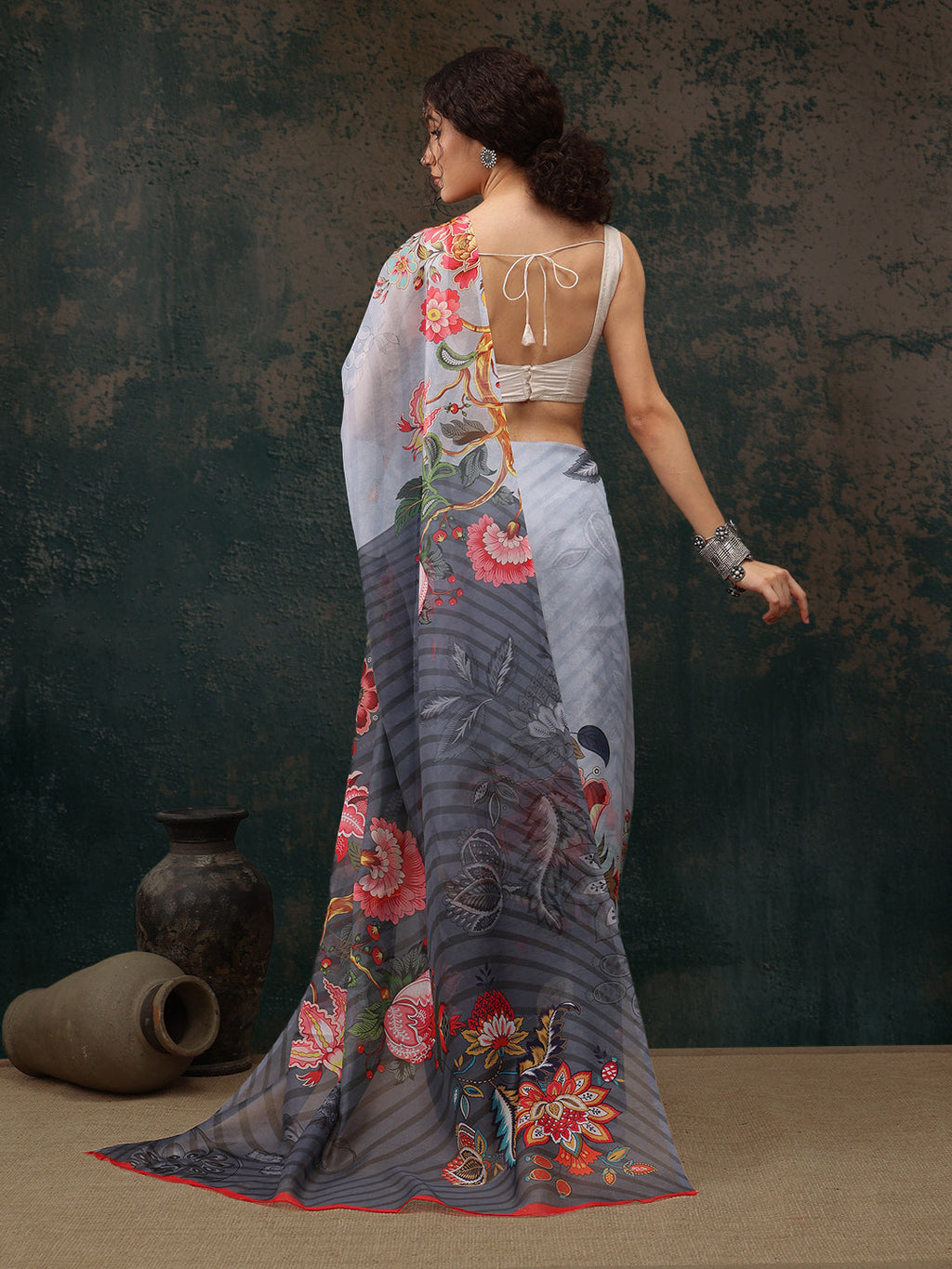 Sky Blue Polyester Floral Print Saree with Unstitched Blouse