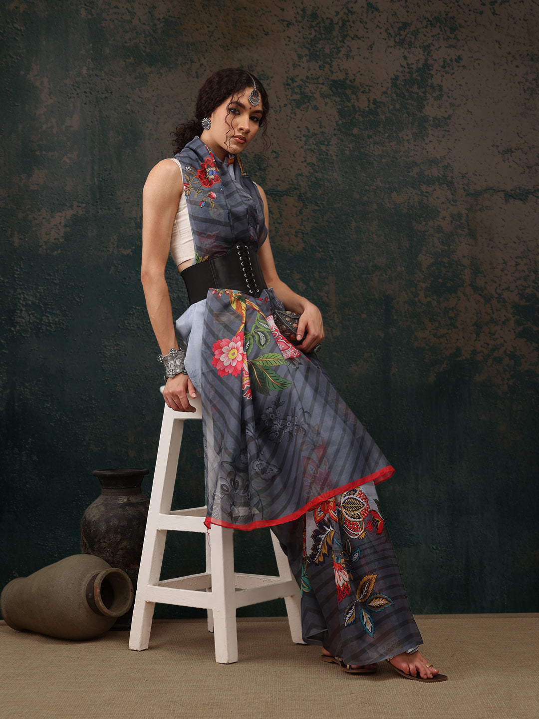 Sky Blue Polyester Floral Print Saree with Unstitched Blouse
