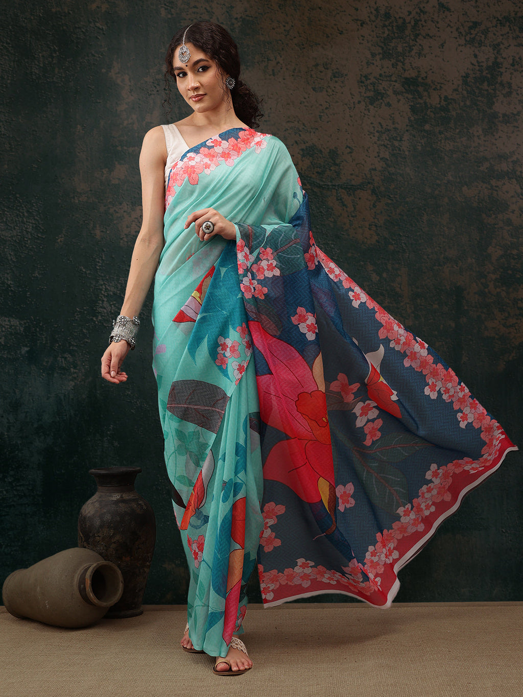 Turquoise polyester saree with digital floral print and unstitched blouse