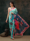 Turquoise polyester saree with digital floral print and unstitched blouse