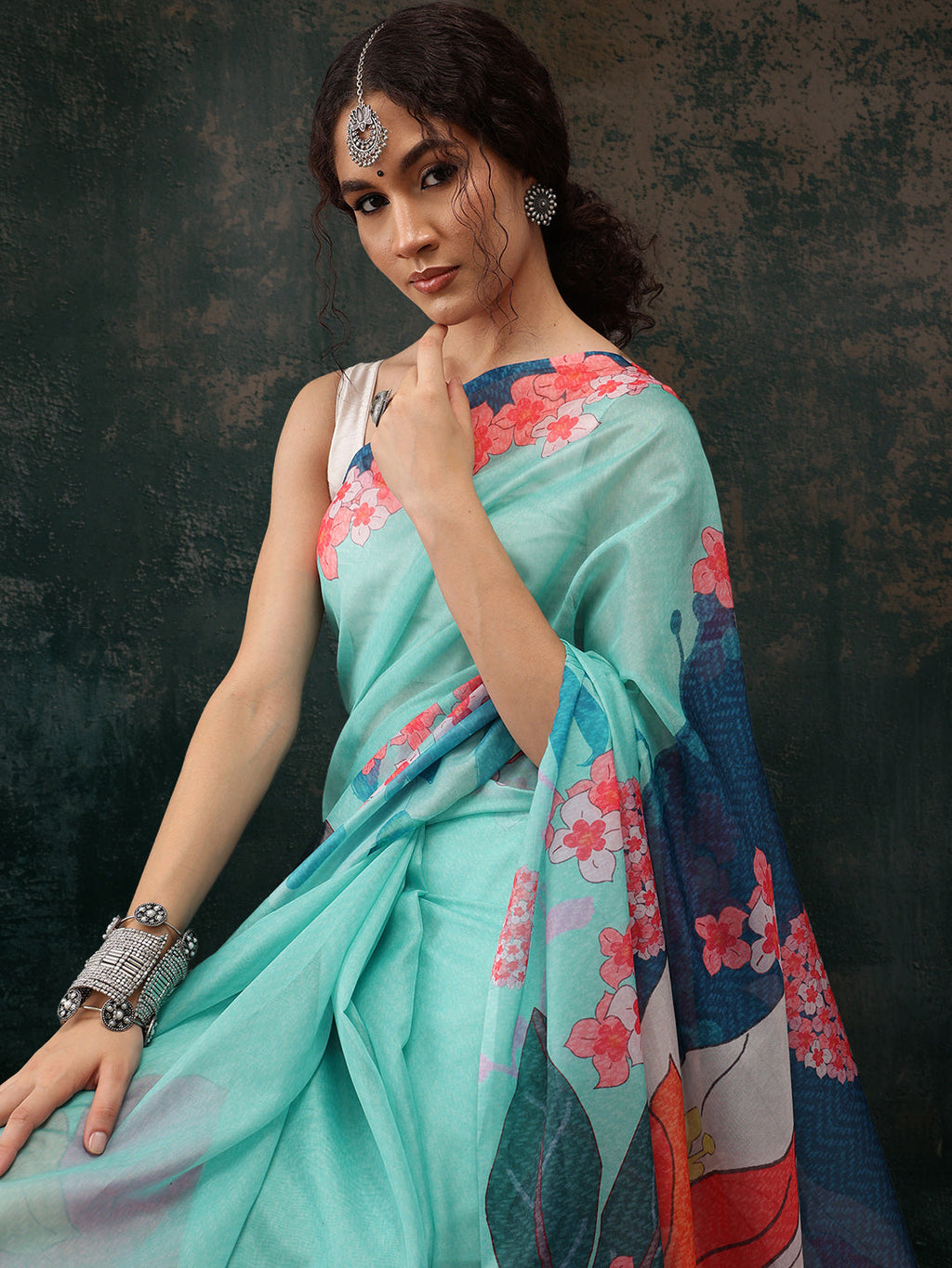 Turquoise Polyester Digital Print Floral Saree with Blouse