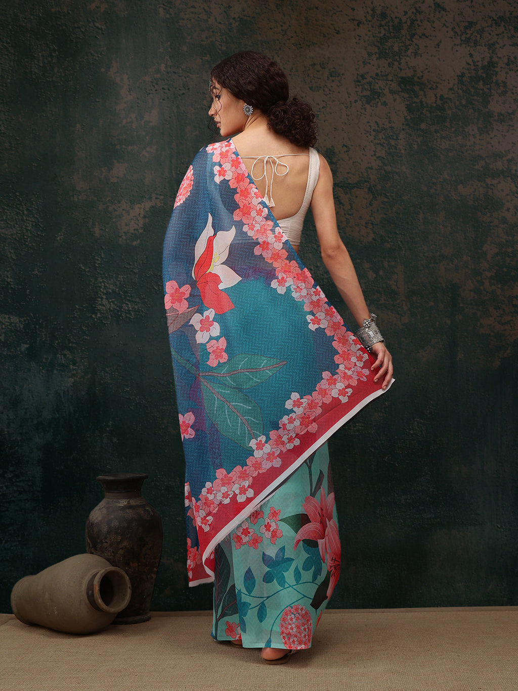 Turquoise Polyester Digital Print Floral Saree with Blouse