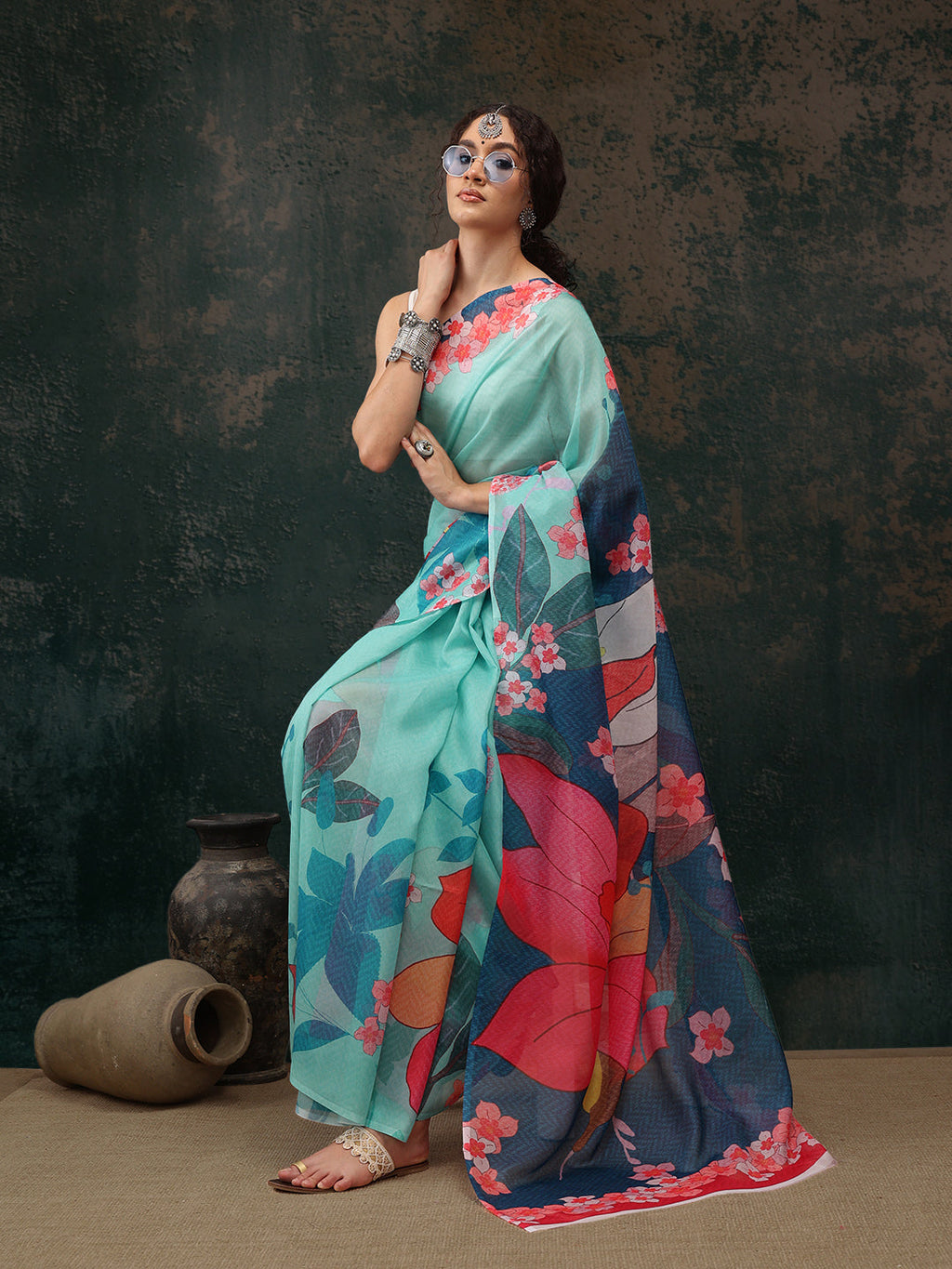 Turquoise Polyester Digital Print Floral Saree with Blouse