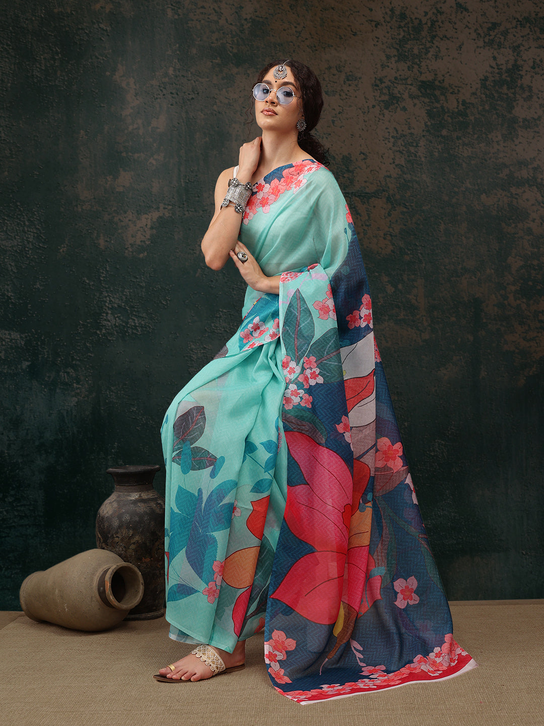 Turquoise Polyester Digital Print Floral Saree with Blouse