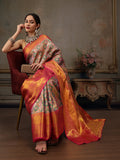 Multicolor pure silk saree featuring floral patterns and gold woven zari border