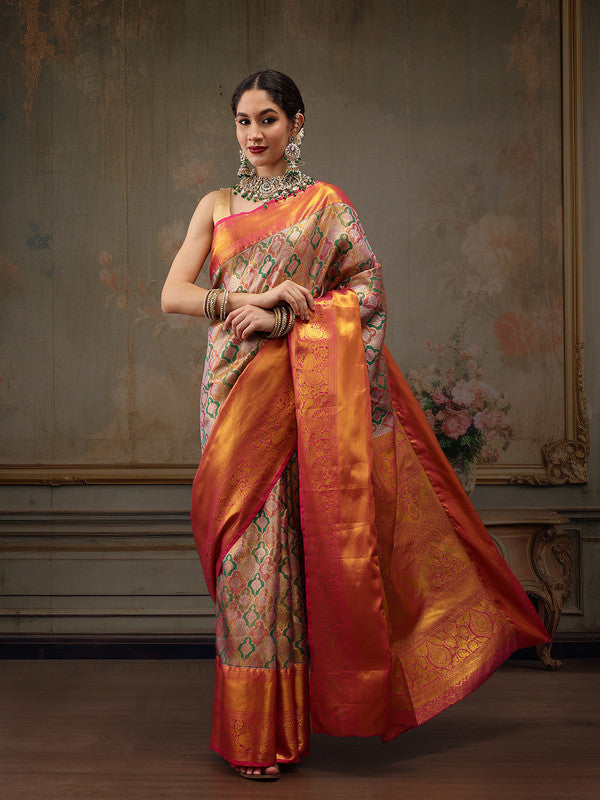 Multicolor Pure Silk Floral Saree with Woven Zari Details