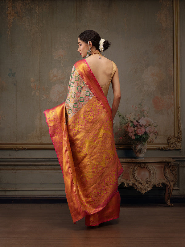 Multicolor Pure Silk Floral Saree with Woven Zari Details
