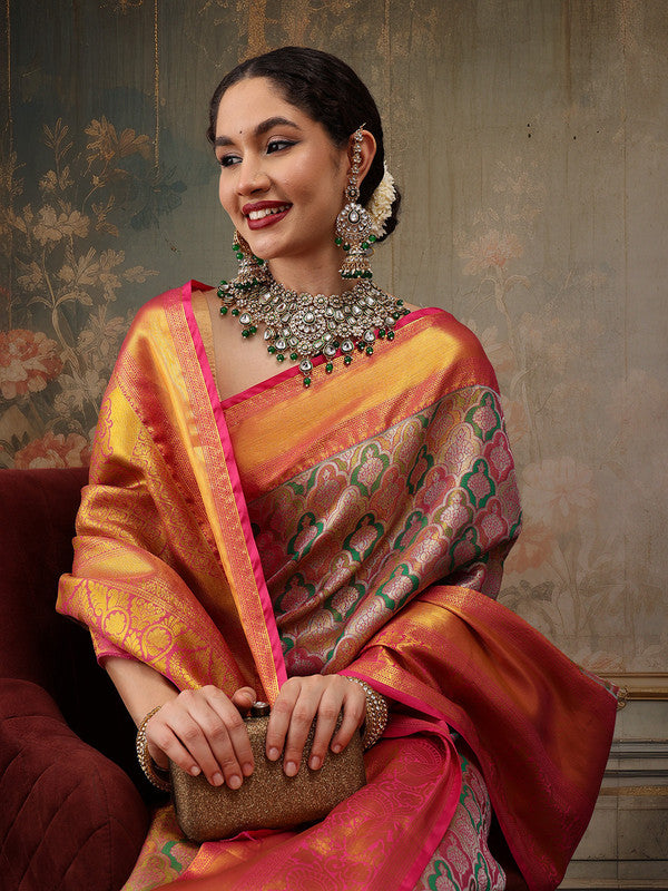 Multicolor Pure Silk Floral Saree with Woven Zari Details