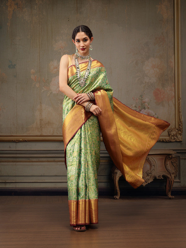 Green Pure Silk Floral Woven Zari Design Saree with Blouse