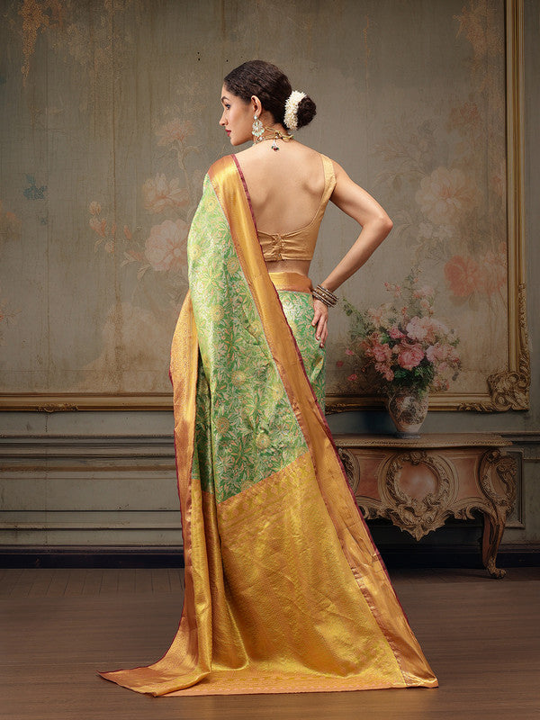 Green Pure Silk Floral Woven Zari Design Saree with Blouse