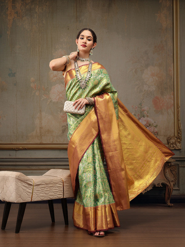Green Pure Silk Floral Woven Zari Design Saree with Blouse