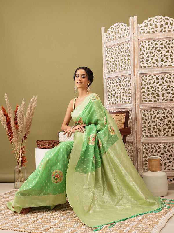Green Cotton Woven Thread Floral Saree with Unstitched Blouse - Hiral Fashion