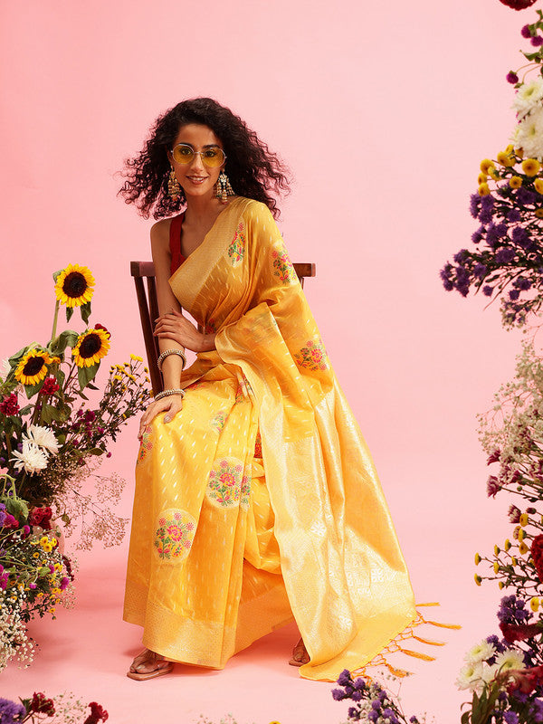Mustard Cotton Woven Thread Floral Saree with Unstitched Blouse - Hiral Fashion