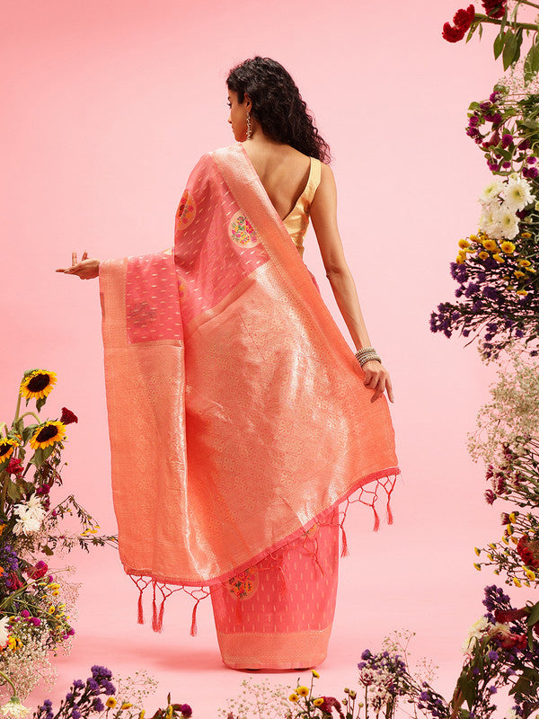 Pink Cotton Woven Thread Floral Saree with Unstitched Blouse - Hiral Fashion