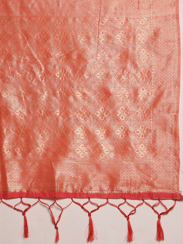 Pink Cotton Woven Thread Floral Saree with Unstitched Blouse - Hiral Fashion