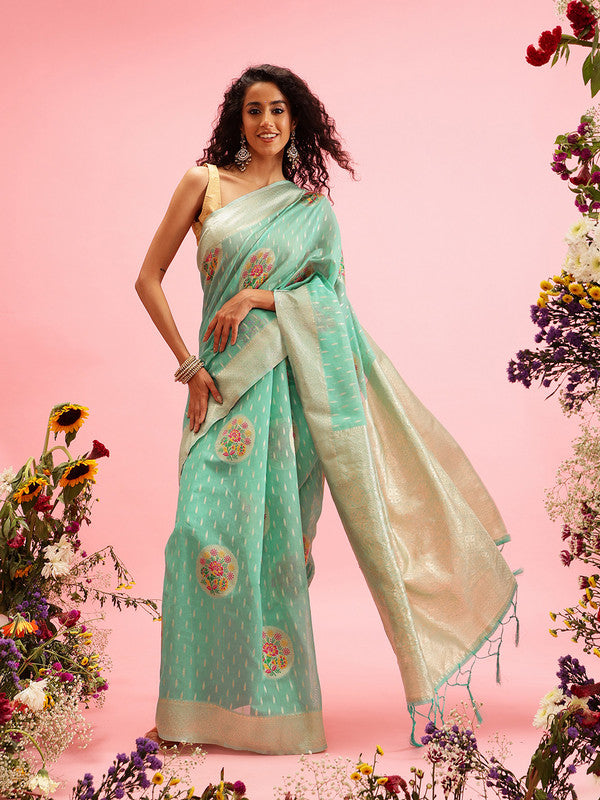 Turquoise Cotton Floral Woven Thread Saree with Blouse Piece