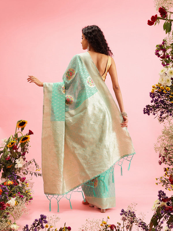 Turquoise Cotton Floral Woven Thread Saree with Blouse Piece