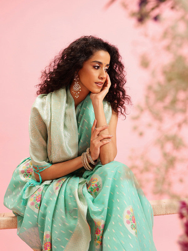 Turquoise Cotton Floral Woven Thread Saree with Blouse Piece
