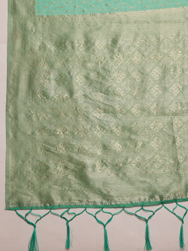 Turquoise Cotton Floral Woven Thread Saree with Blouse Piece