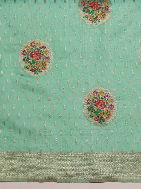 Turquoise Cotton Floral Woven Thread Saree with Blouse Piece
