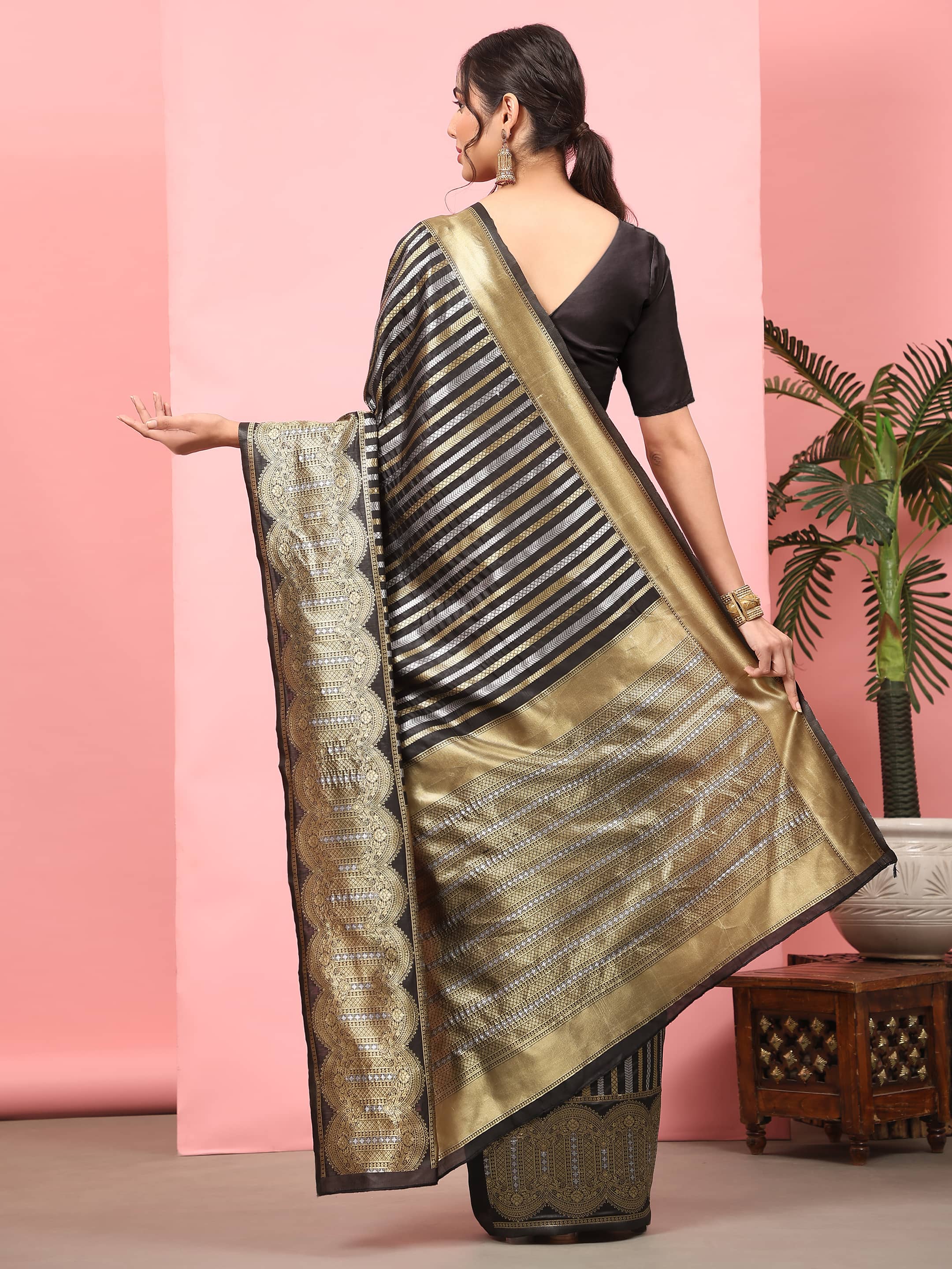 Black Banarasi Art Silk Saree with Striped Zari Woven Detail