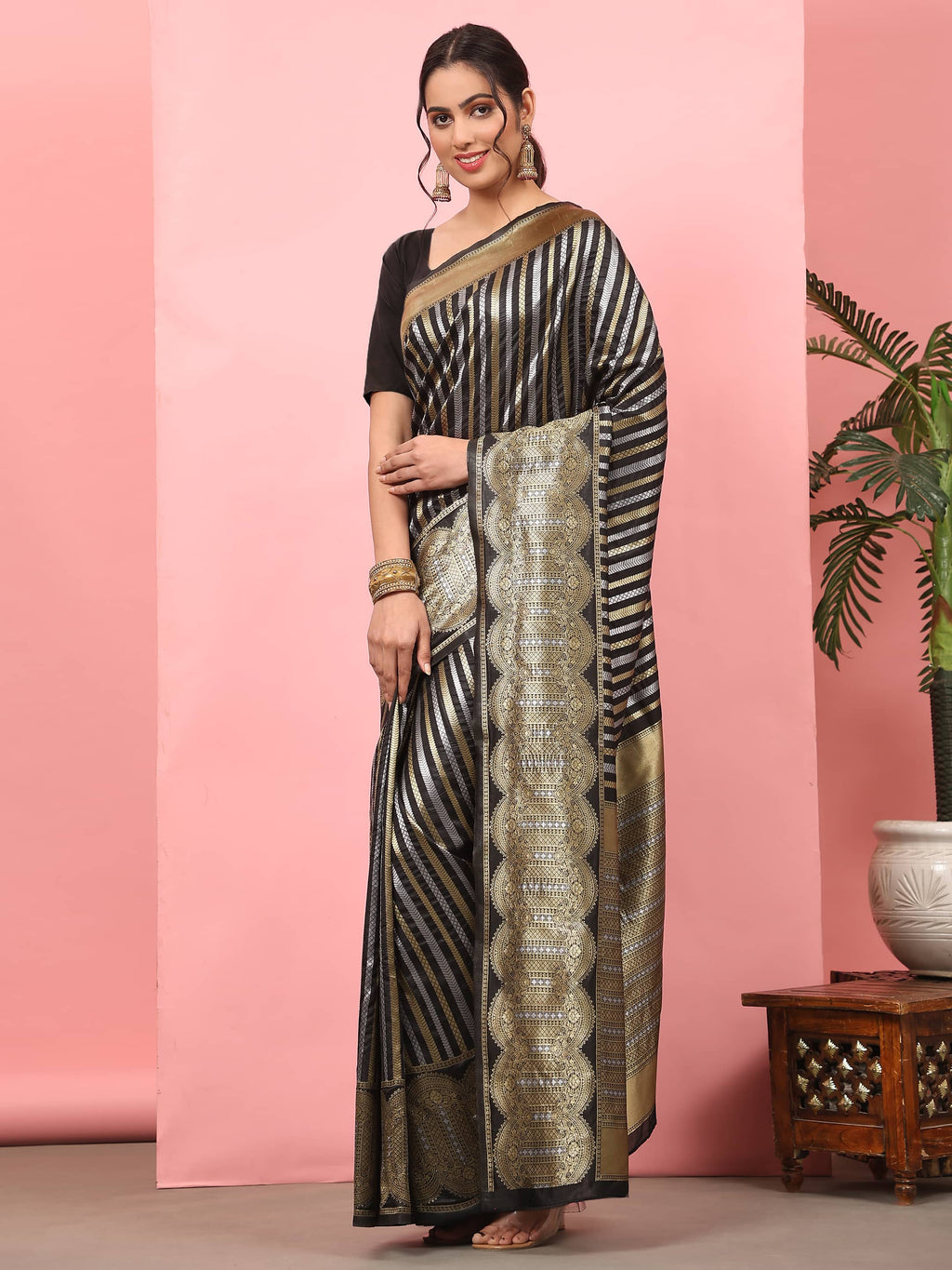 Black Banarasi Art Silk Saree with Striped Zari Woven Detail