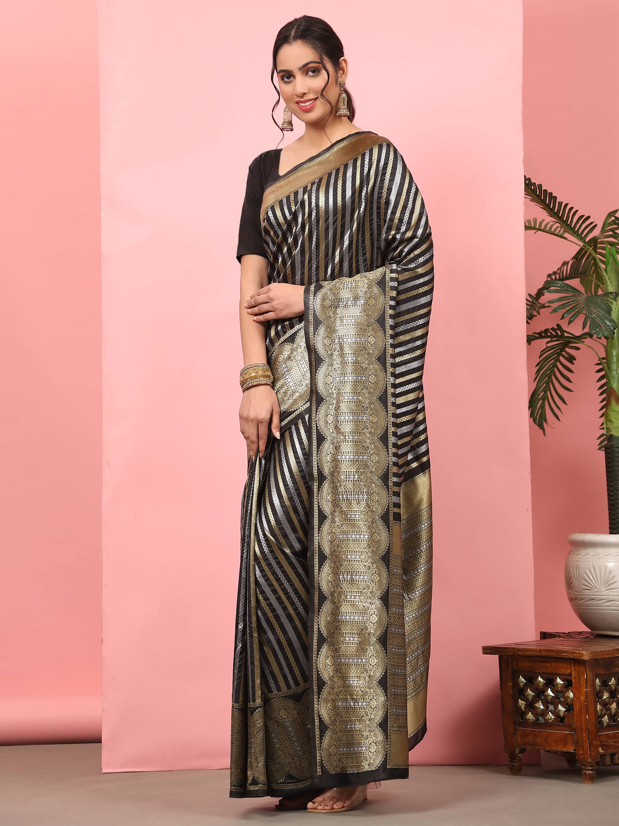 Black Banarasi Art Silk Saree with Striped Zari Woven Detail