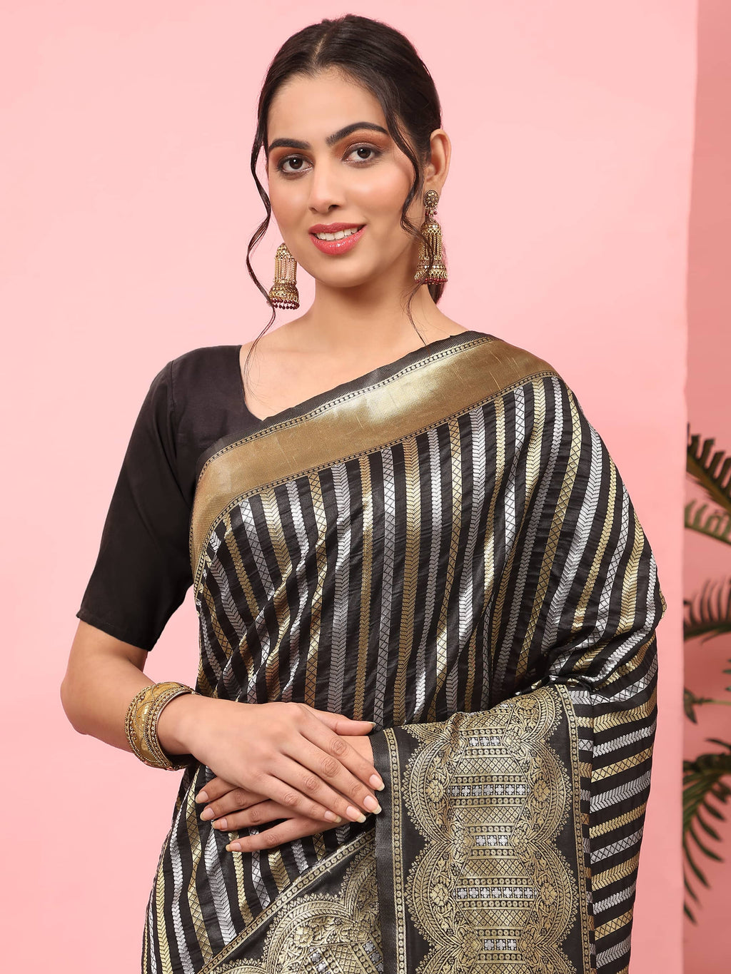 Black Banarasi Art Silk Saree with Striped Zari Woven Detail
