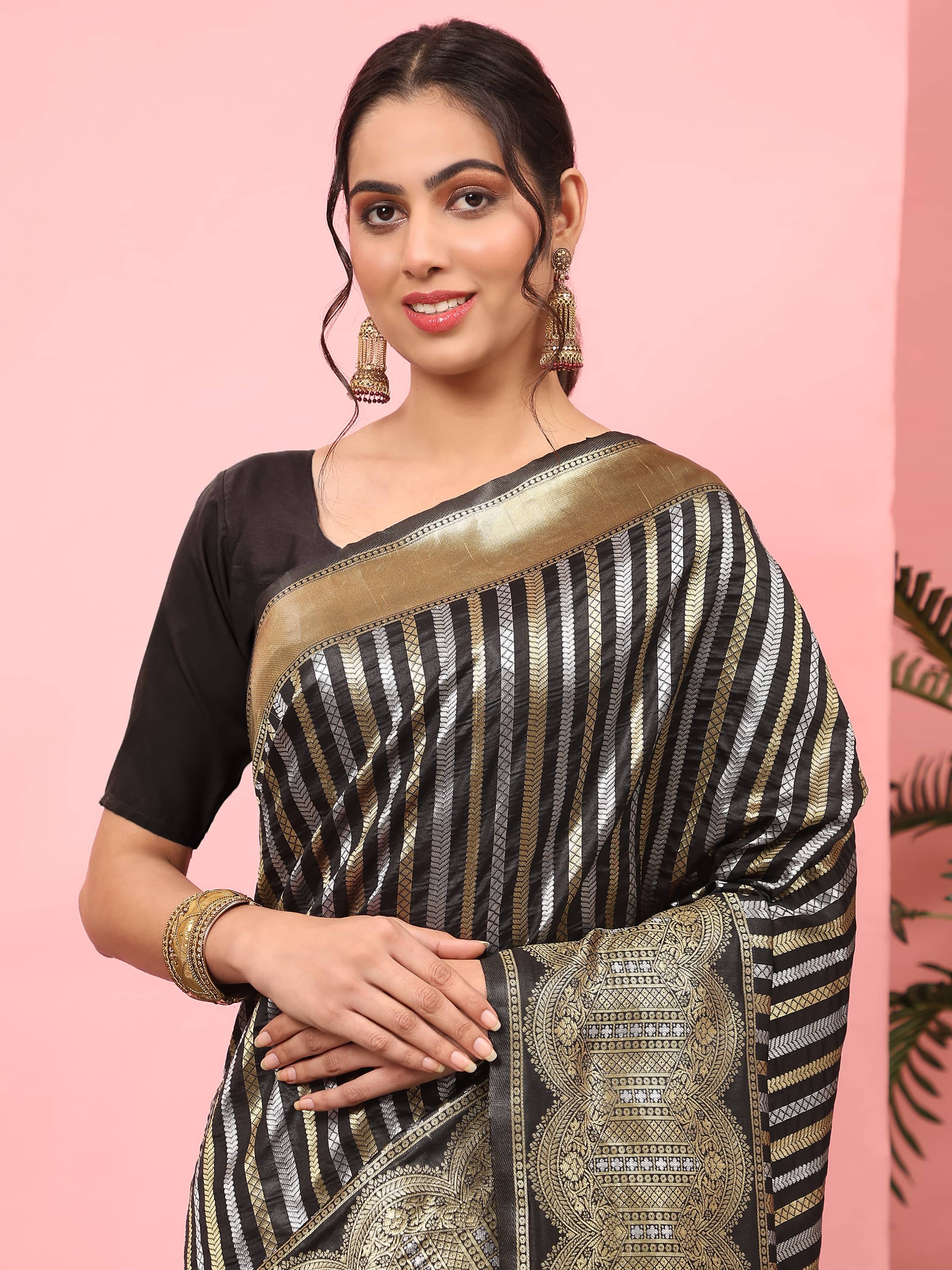 Black Banarasi Art Silk Saree with Striped Zari Woven Detail
