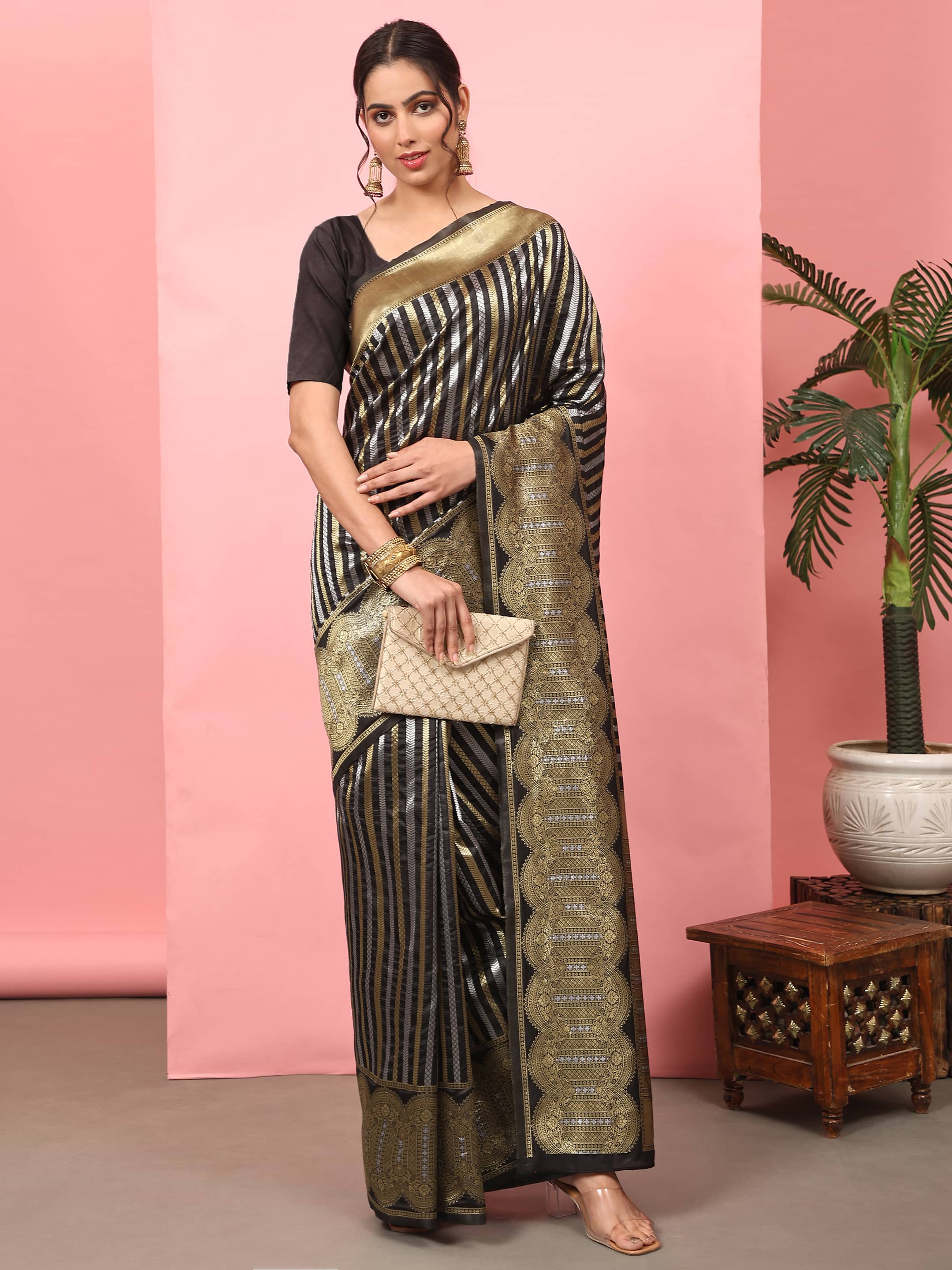 Black Banarasi Art Silk Saree with Striped Zari Woven Detail