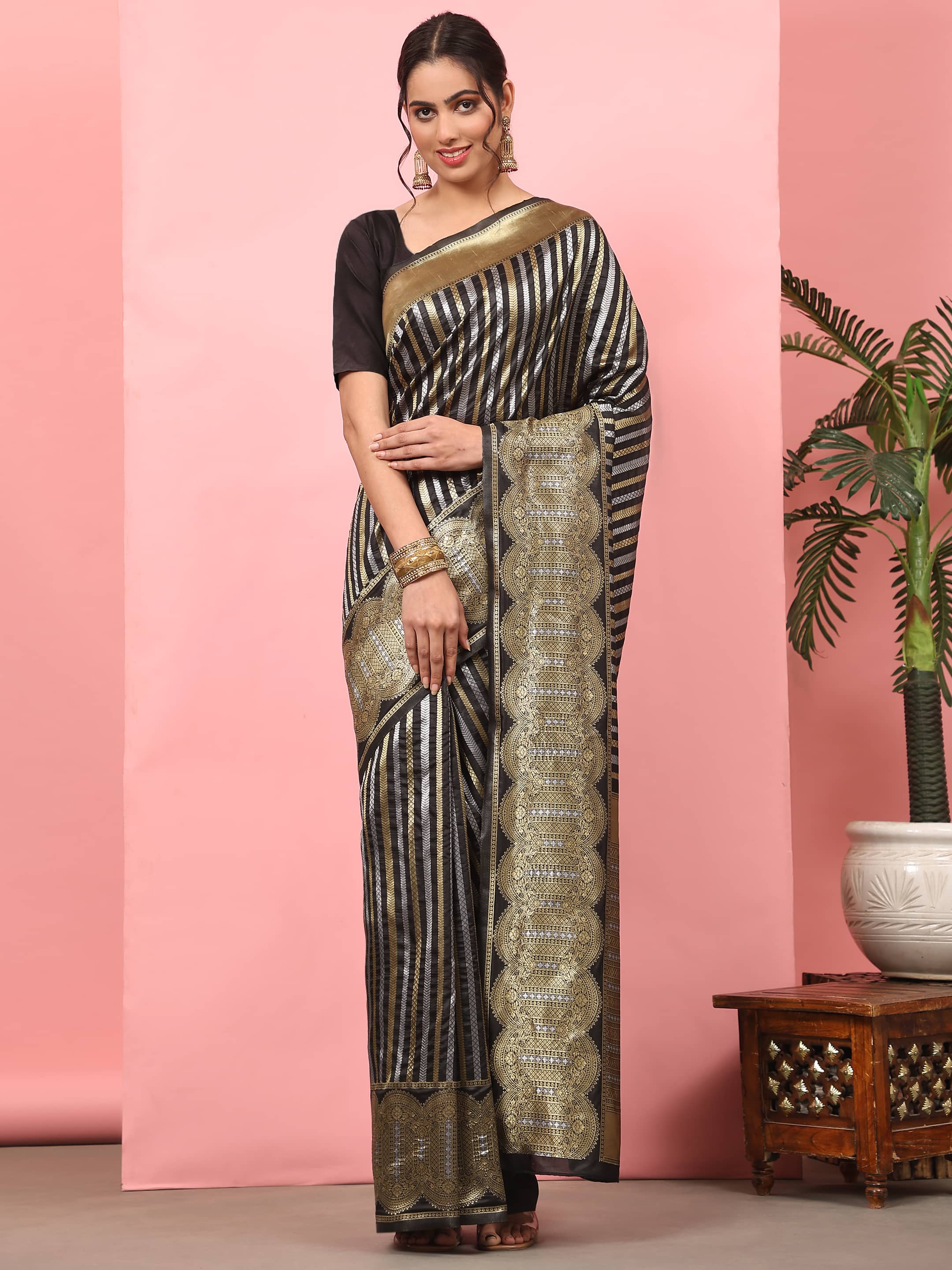 Black Banarasi Art Silk Saree with Striped Zari Woven Detail