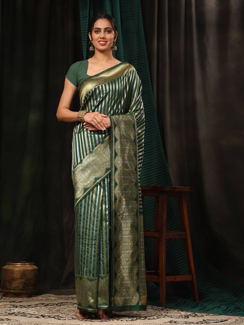 Green Banarasi Art Silk Saree with gold striped Zari work