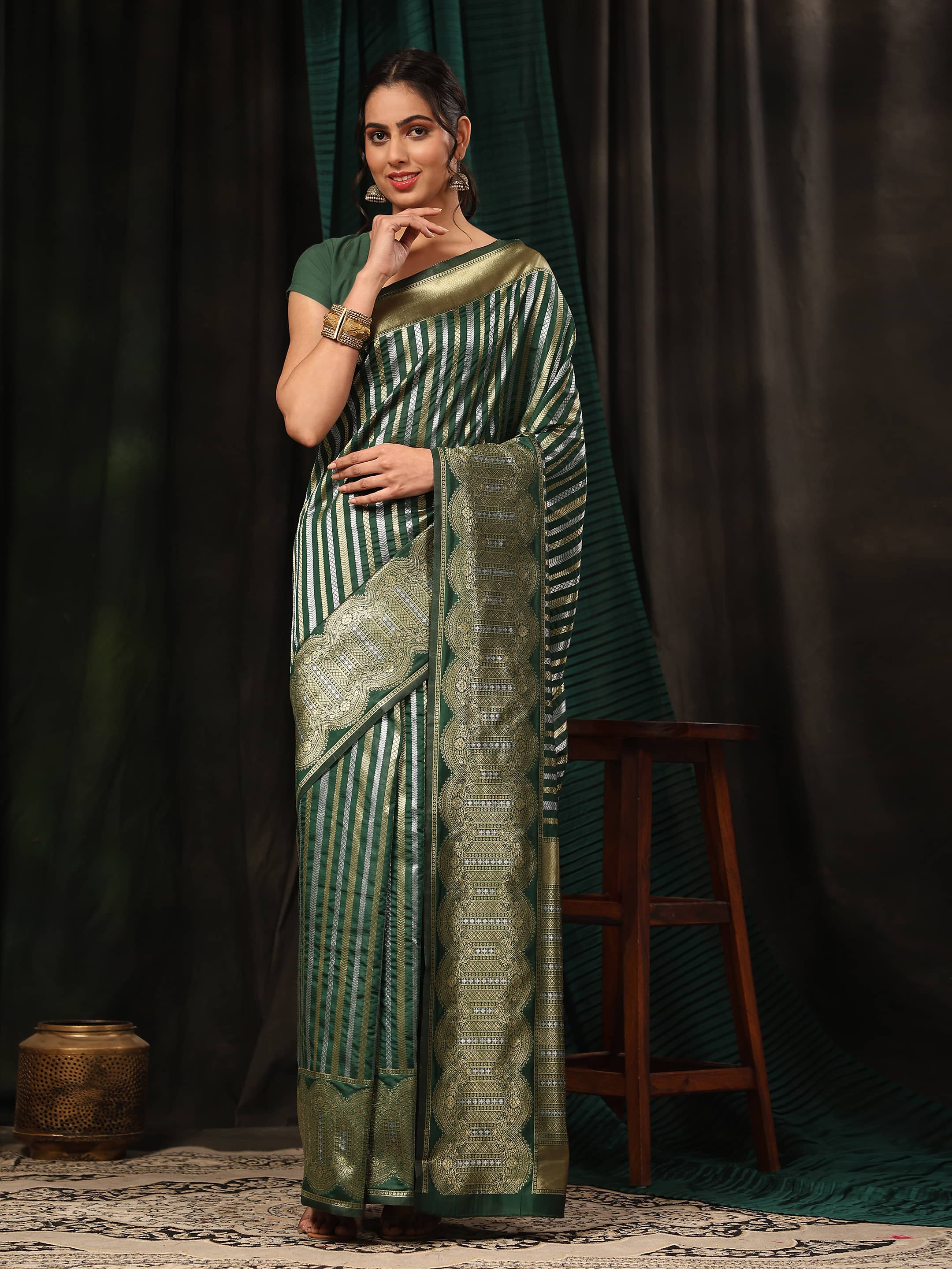 Green Banarasi Art Silk Saree with Striped Zari Weaving