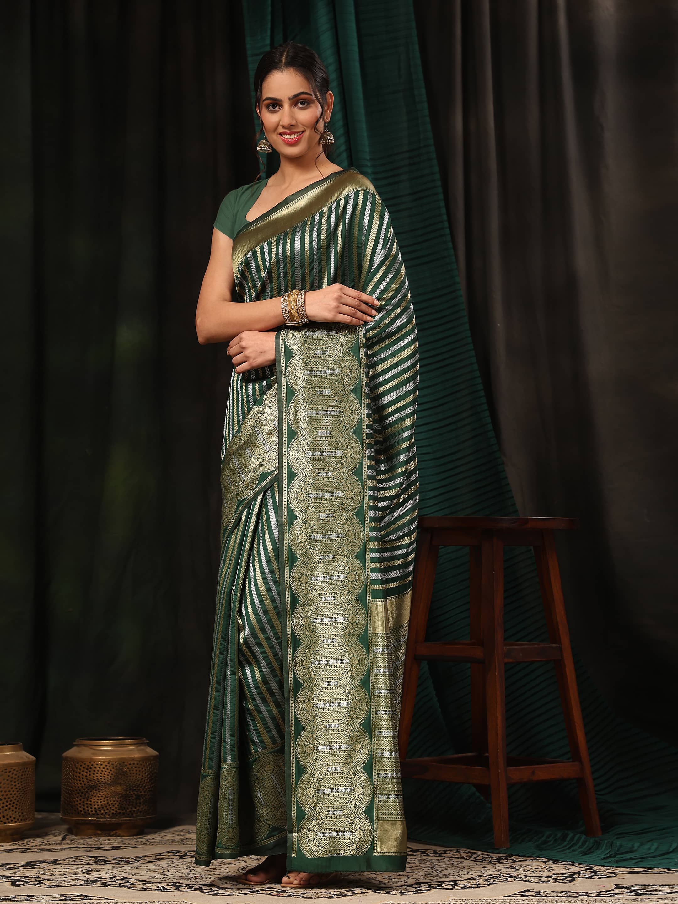 Green Banarasi Art Silk Saree with Striped Zari Weaving
