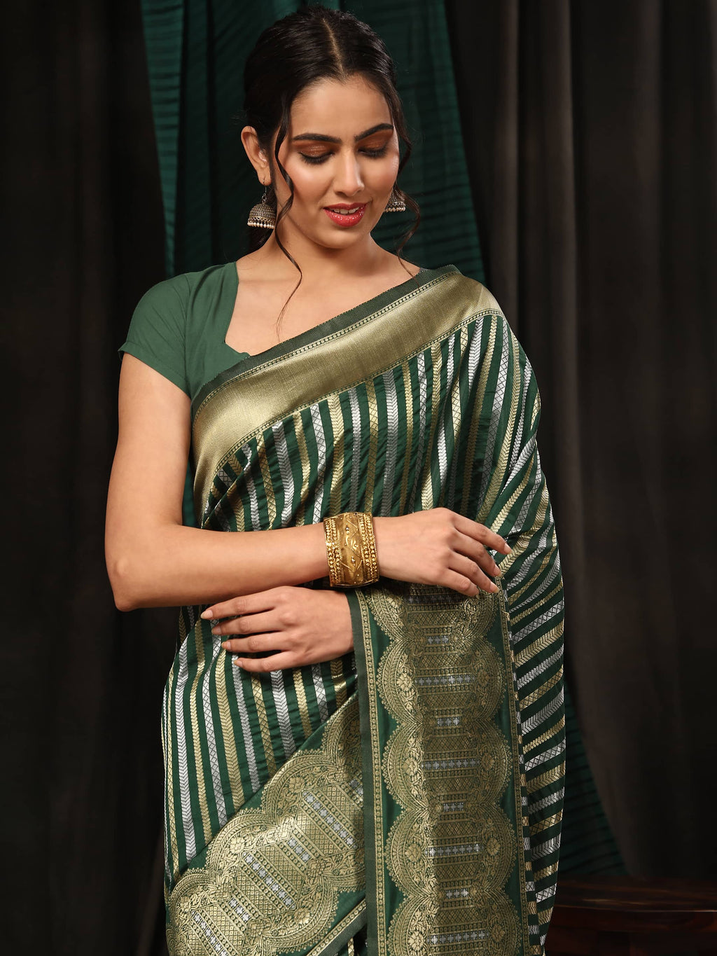 Green Banarasi Art Silk Saree with Striped Zari Weaving
