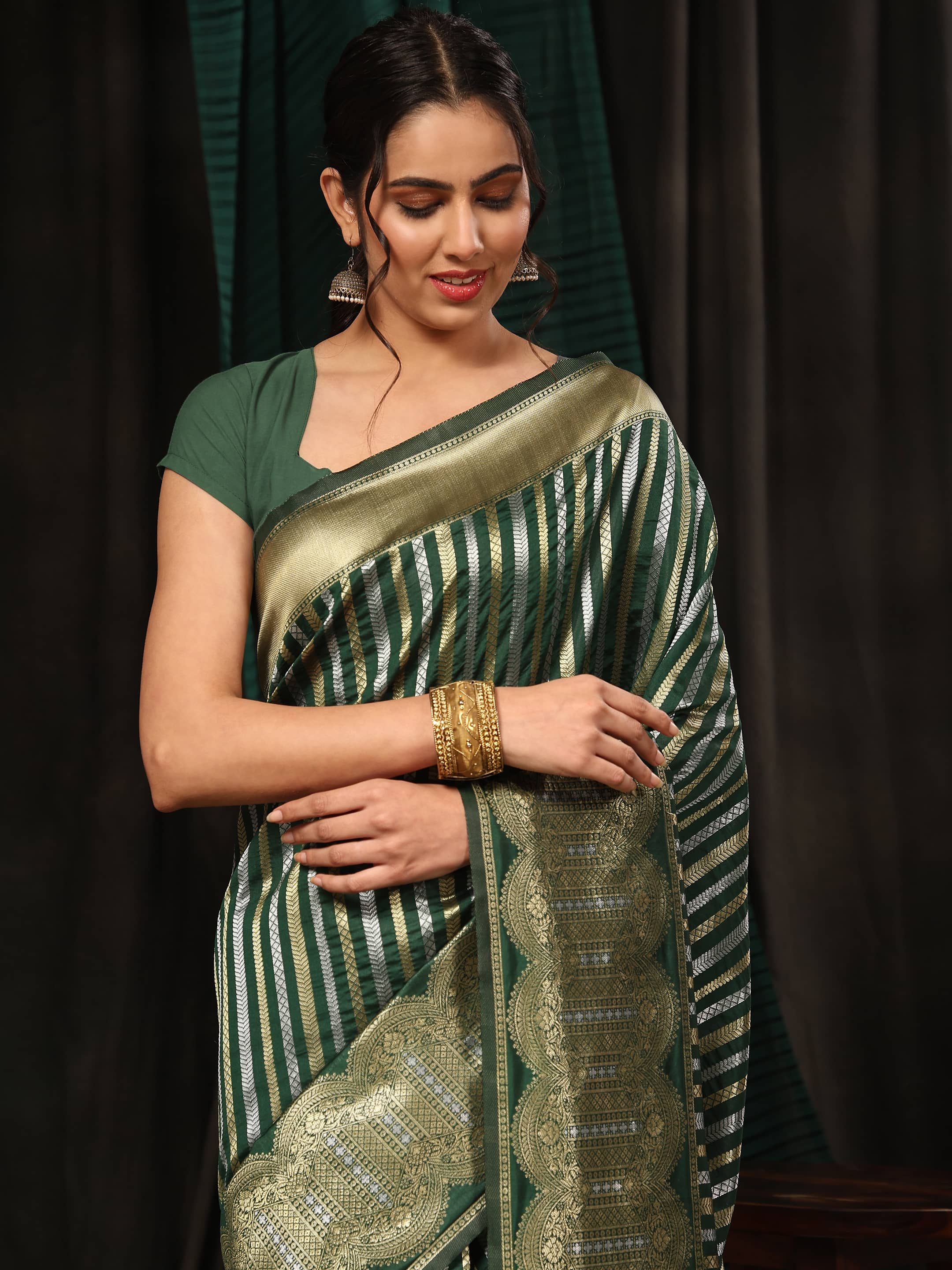 Green Banarasi Art Silk Saree with Striped Zari Weaving