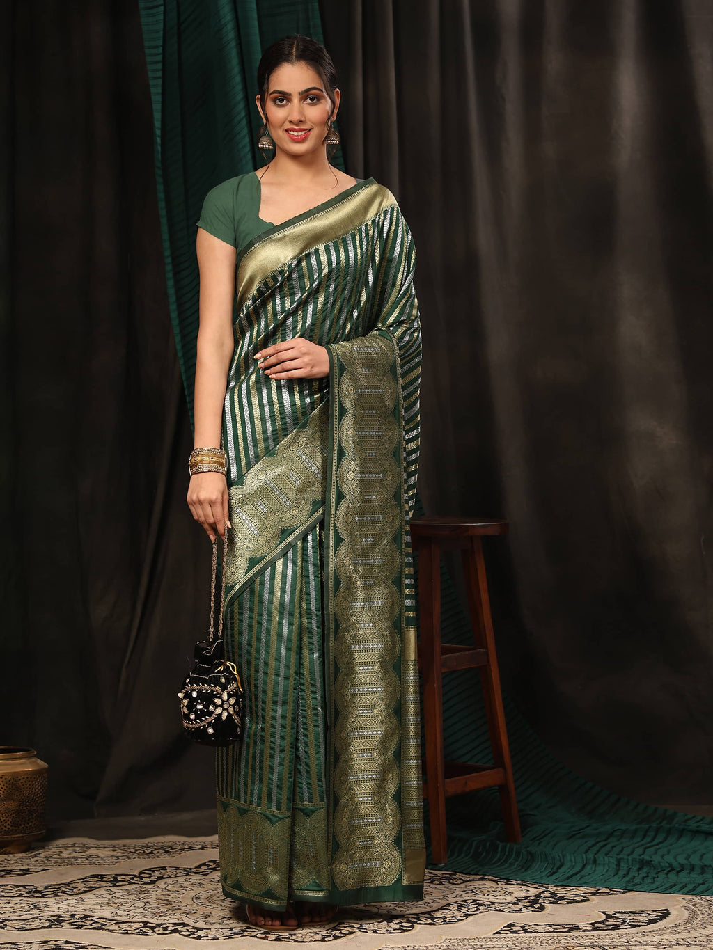 Green Banarasi Art Silk Saree with Striped Zari Weaving