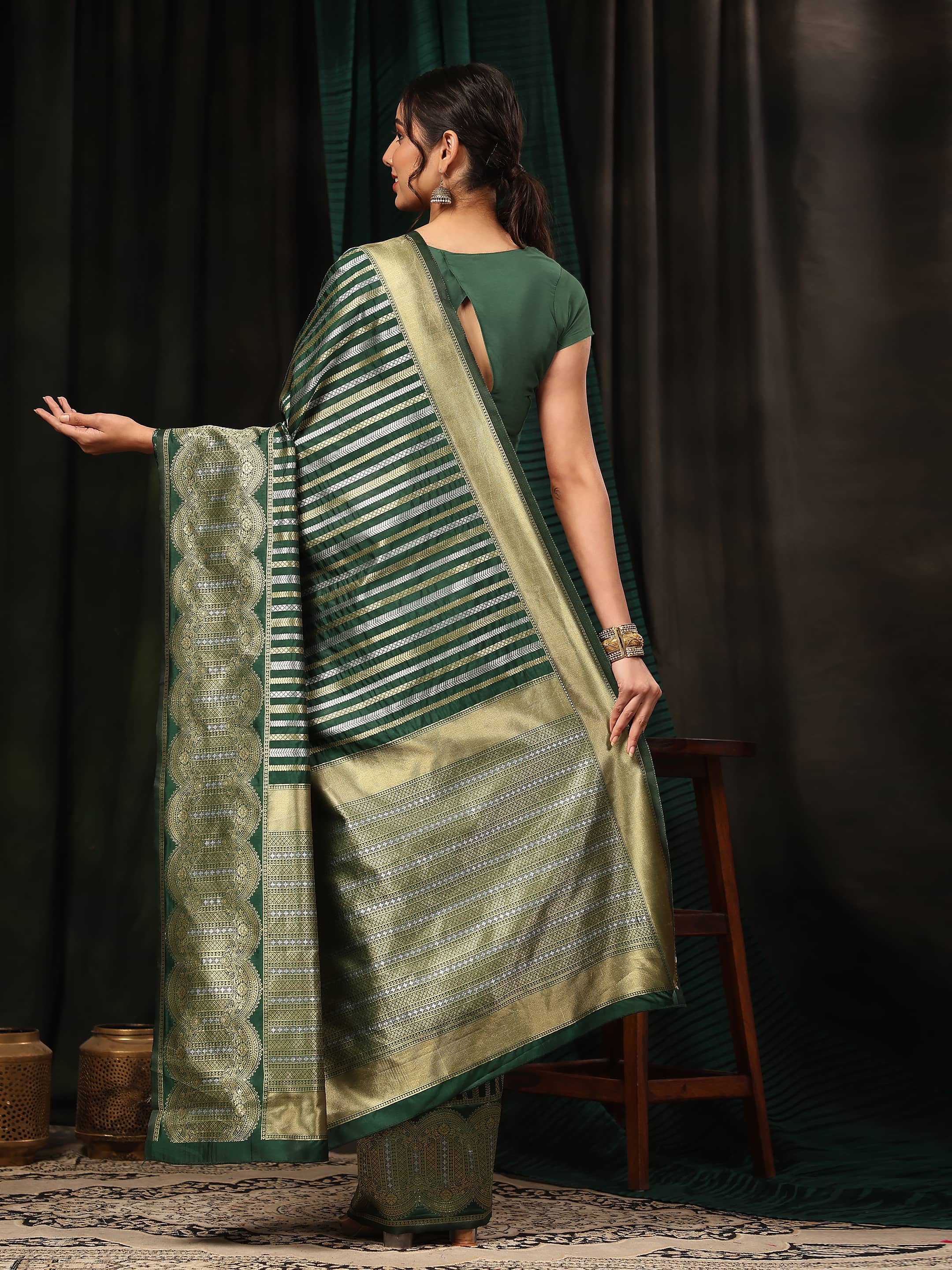 Green Banarasi Art Silk Saree with Striped Zari Weaving