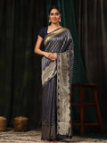 Navy Blue Banarasi Art Silk Saree with elegant gold striped Zari weaving